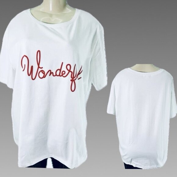 La Redoute XL White Crew Neck Red Wonderful Text Graphic Cotton Short Sleeve Tee - Picture 1 of 6